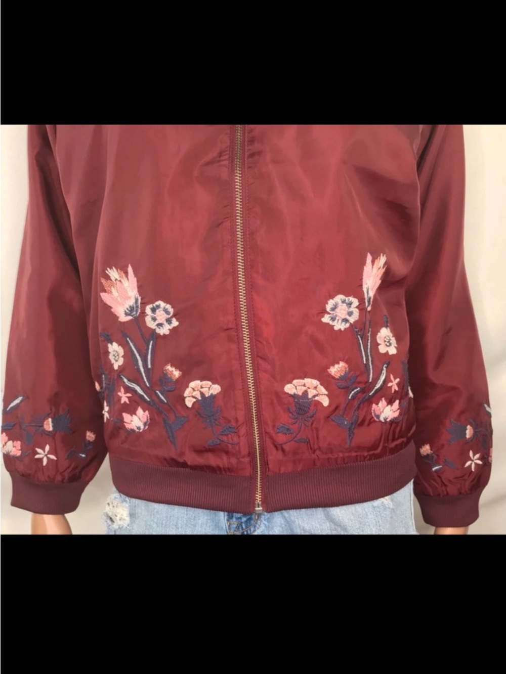 *NEW LOVE FIRE MAROON FLORAL CROCHETED BOMBER JACKET SIZE LARGE - Picture 3 of 12